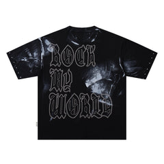 BKYS Skeleton Guitar Rocker Black Washed Rivet Oversized Graphic T‑Shirt
