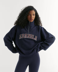 Varsity Relaxed Funnel Neck Zip Sweatshirt - Navy Blue/Mulberry Red