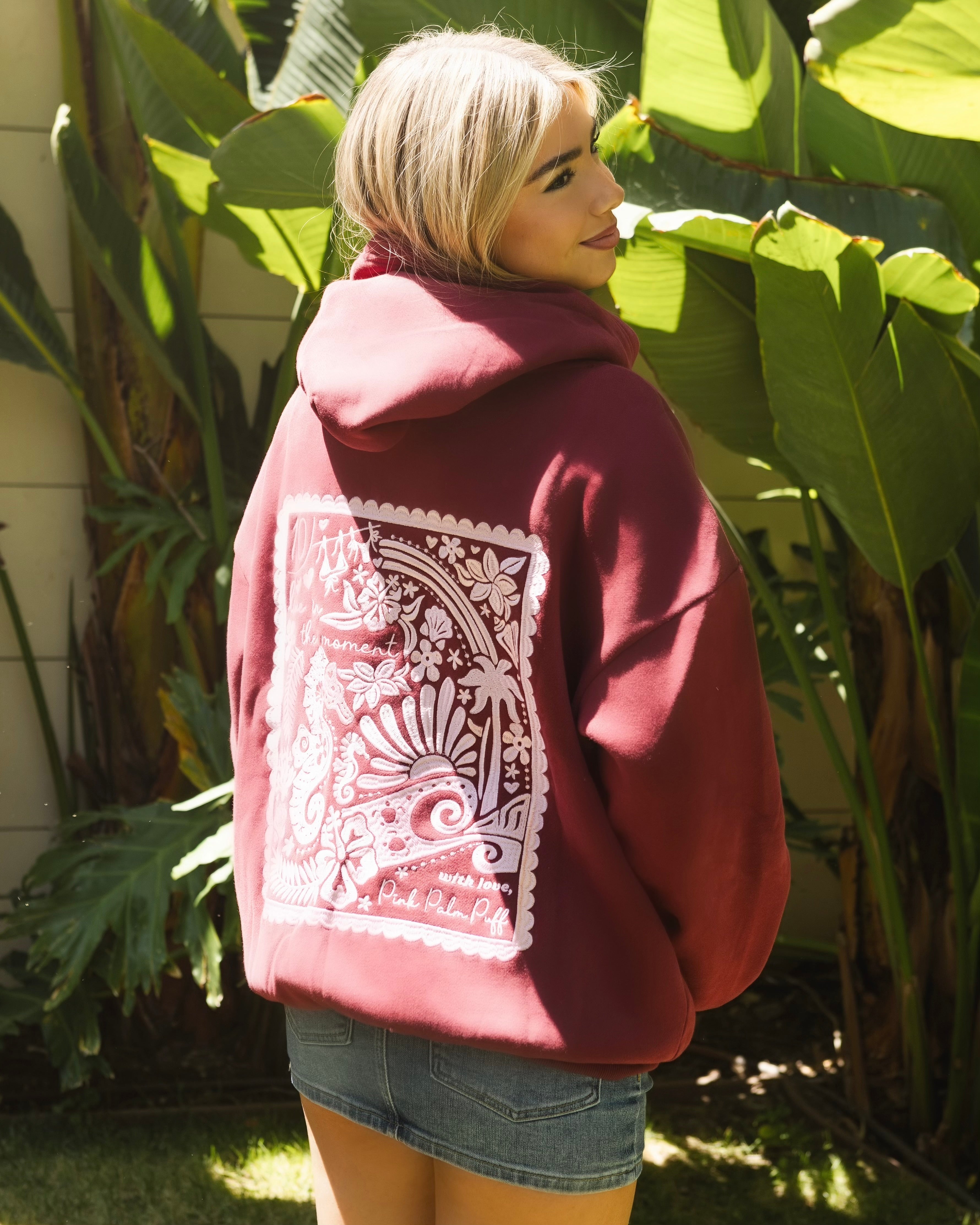 "Live in the Moment" Hoodie in Cherry