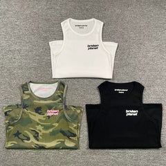Broken planet vest European and American high street trendy brand letter printed waffle camouflage sleeveless vest sweatshirt