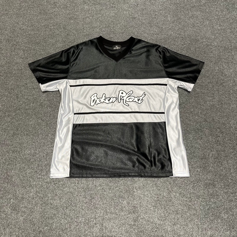 Broken Planet Street Style Summer Sports and Leisure Retro Splicing Color Match Jersey V-neck Short Sleeve T-shirt