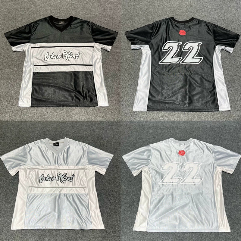 Broken Planet Street Style Summer Sports and Leisure Retro Splicing Color Match Jersey V-neck Short Sleeve T-shirt