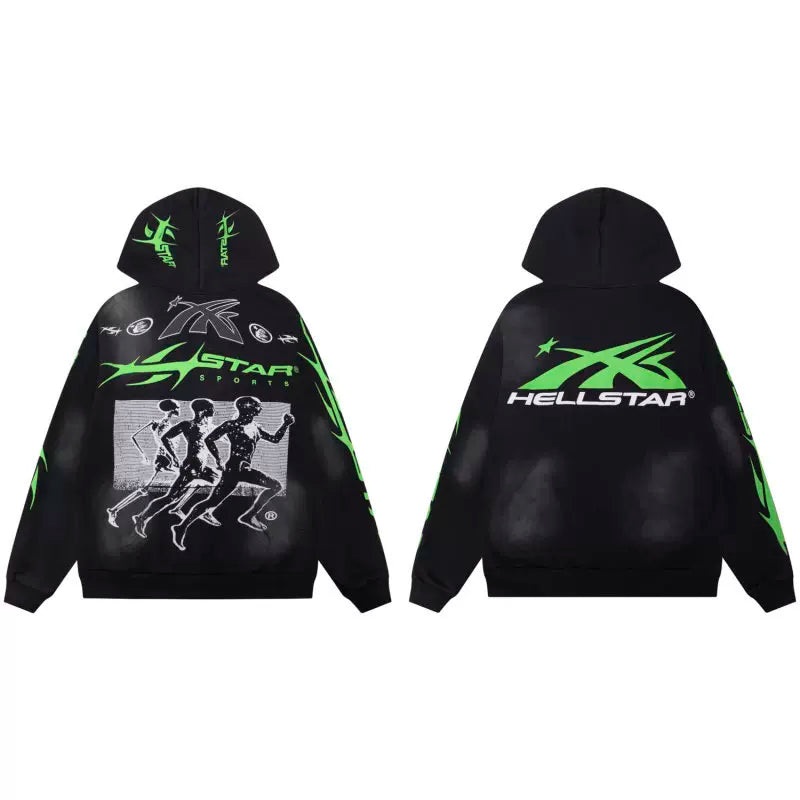Hellstar Neon Green Runner Graphic Zip‑Up Hoodie