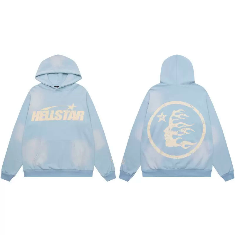 Hellstar Sky‑Blue Cloud Wash Circle Logo Hoodie Street‑wear Pullover Sweatshirt