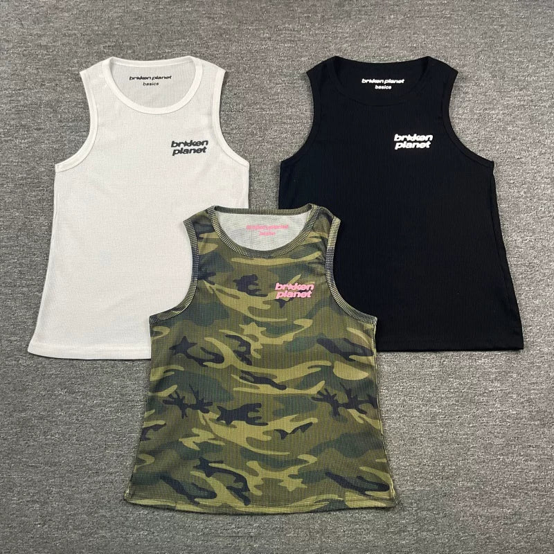 Broken planet vest European and American high street trendy brand letter printed waffle camouflage sleeveless vest sweatshirt