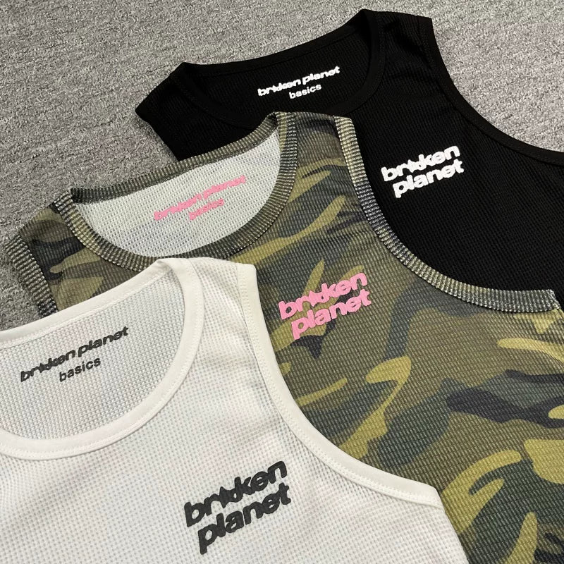 Broken planet vest European and American high street trendy brand letter printed waffle camouflage sleeveless vest sweatshirt