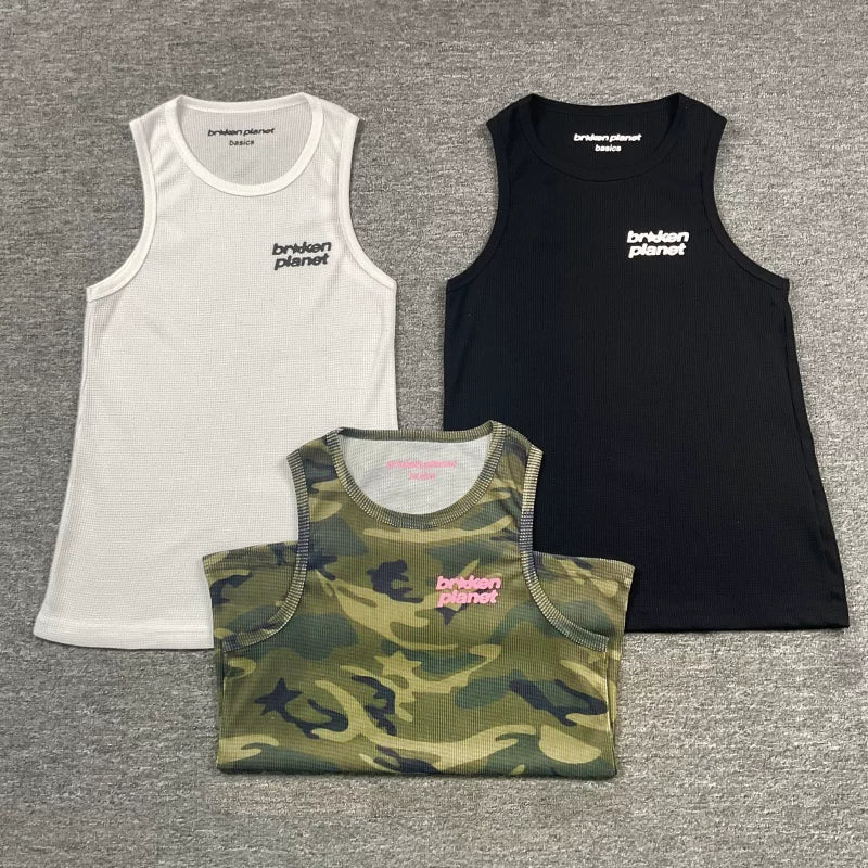 Broken planet vest European and American high street trendy brand letter printed waffle camouflage sleeveless vest sweatshirt