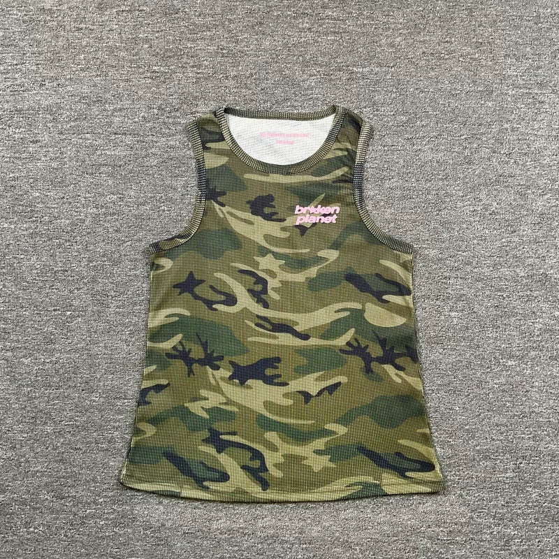 Broken planet vest European and American high street trendy brand letter printed waffle camouflage sleeveless vest sweatshirt